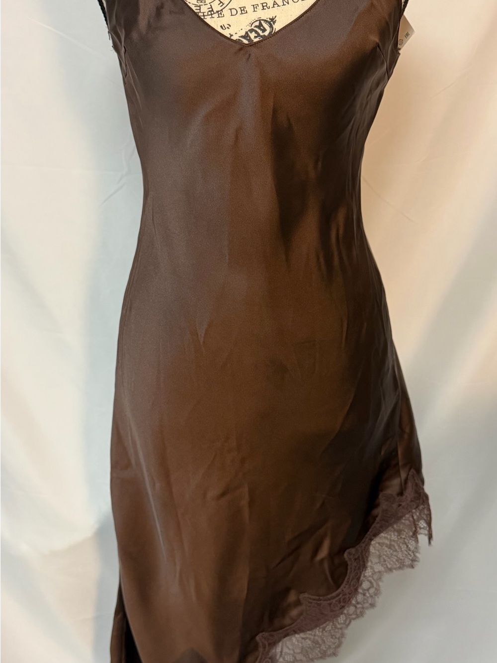 NWT Zara Chocolate Brown Satin Lace Trim Slip Dress Small
